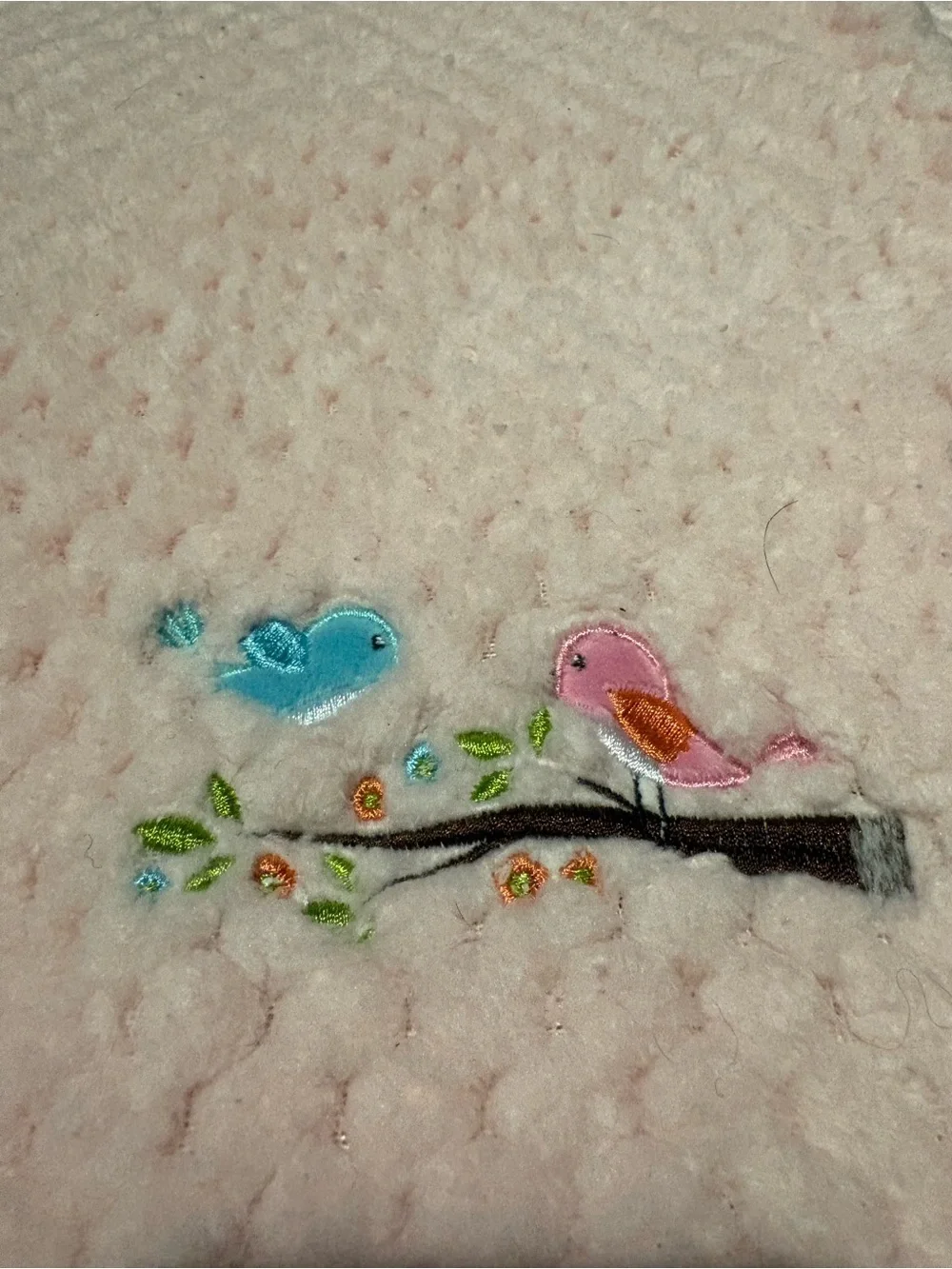 Plush Pink Baby Blanket with Embroidered Birds